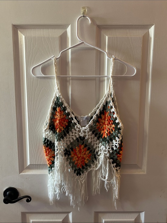 Tops - Crochet Fringe Top with Orange & Green Diamond Motif